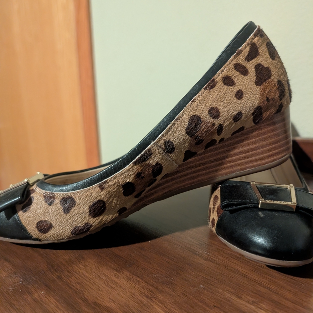 Cole Haan Leopard-Print Wedge Pumps with Black Toe and Gold Buckle